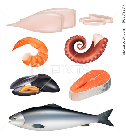 Seafood. Meal of fish octopus natural protein diet food vector 3d realistic illustration Seafood. Meal of fish octopus natural protein diet food vector 3d realistic illustration 60538277