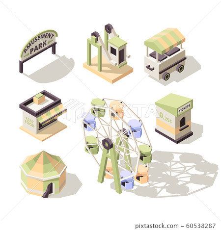 Amusement isometric. Carousel fun park for kids with attractions big wheel electro cars swing vector pictures Amusement isometric. Carousel fun park for kids with attractions big wheel electro cars swing vector pictures 60538287