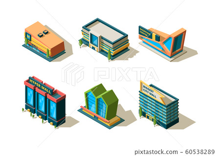 Mall isometric. Big modern buildings of shopping center different architectural city store vector collection 60538289