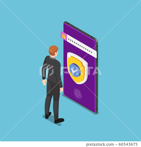 Isometric businessman standing with shield and 60543675