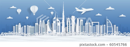 Dubai paper cut. UAE skyline city panorama with famous landmarks for postcards and poster. Vector Dubai cityscape Dubai paper cut. UAE skyline city panorama with famous landmarks for postcards and poster. Vector Dubai cityscape 60545766