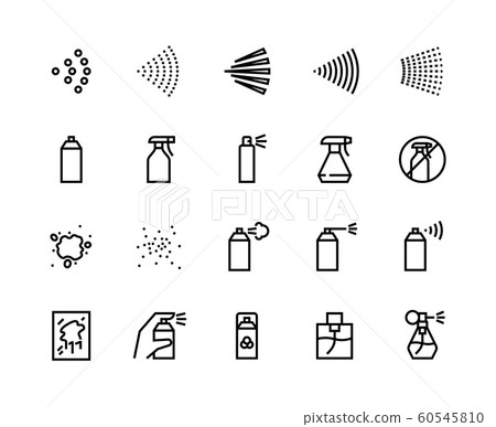 Spray line icons. Can with cleaning aerosol, outline hand with sprayer, disinfectant deodorant and perfumes. Vector isolated set 60545810
