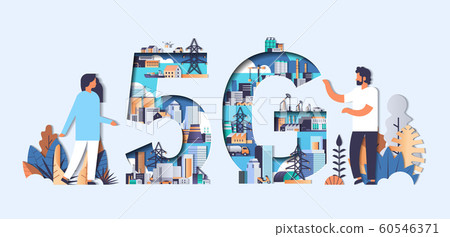 couple discussing 5G online wireless system connection industrial zone power station production technology concept full length paper cut style horizontal 60546371