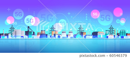 manufacturing factory buildings 5G online wireless system connection industrial zone plant with pipes and chimney power station production technology concept horizontal flat manufacturing factory buildings 5G online wireless system connection industrial zone plant with pipes and chimney power station production technology concept horizontal flat 60546379