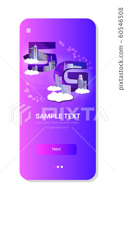 5G online communication network wireless systems connection concept fifth innovative generation of high speed internet city skyscrapers background smartphone screen mobile app 60546508