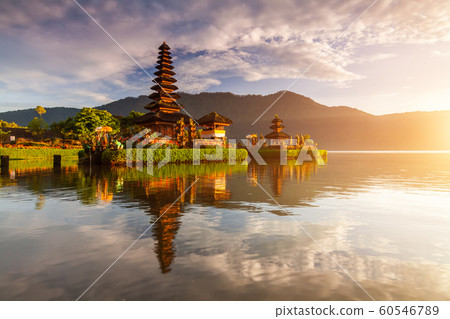 Pura Ulun Danu temple panorama at sunrise on a lake Bratan, Bali, Indonesia. 60546789