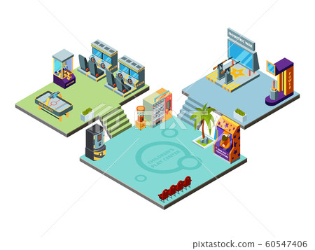 Game center. Amusement park for kids playing game machines arcade simulator racer boxing pinball vector isometric template 60547406