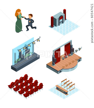 Theater stage decoration. Isometric interior of opera or ballet hall theater seats actors red curtains vector pictures 60547421