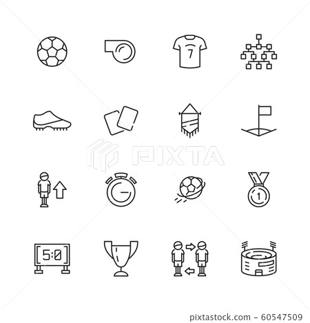 Soccer icon. Football sport symbols yellow card ball stadium shoes shirt and trophies vector linear collection 60547509