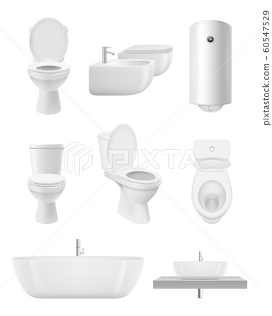 Bathroom objects. Toilet sink shower washroom vector realistic collection Bathroom objects. Toilet sink shower washroom vector realistic collection 60547529