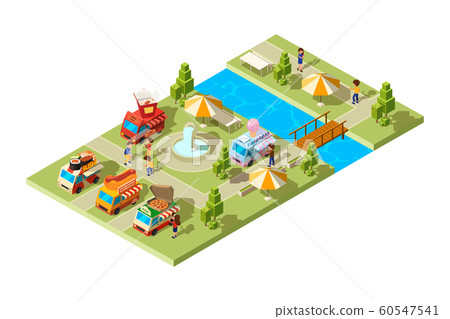 Street food park. Public place with wagons cars selling different food ice cream burgers sushi cold drinks vector isometric composition 60547541
