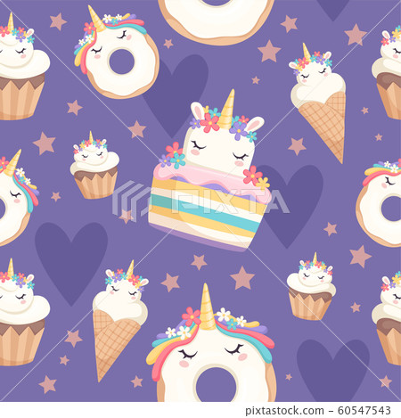 Unicorn pattern. Dessert decoration magic pony with cupcakes donut sweets vector celebration seamless background 60547543