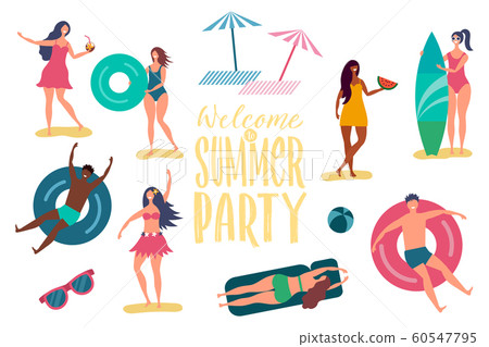Beach summer party vector characters. International happy relaxing people isolated on white background 60547795