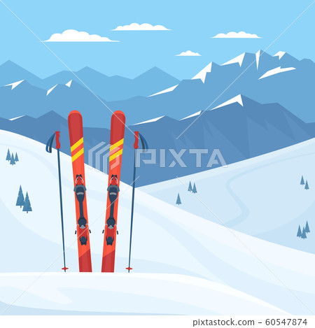Ski equipment at the ski resort. Snowy mountains, winter landscape. Vector flat illustration. Ski equipment at the ski resort. Snowy mountains, winter landscape. Vector flat illustration. 60547874