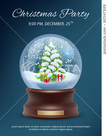 Christmas poster. Transparent crystallizing magic snowglobe christmas party invitation vector placard template Christmas poster. Transparent crystallizing magic snowglobe christmas party invitation vector placard template 60547889
