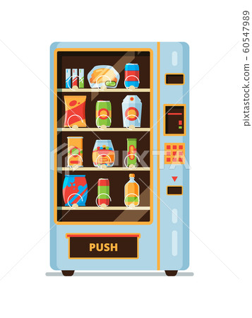Vending machine. Snack crackers junk food soda drinks saling in vending automat vector cartoon collection Vending machine. Snack crackers junk food soda drinks saling in vending automat vector cartoon collection 60547989