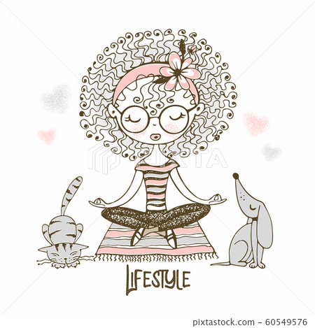 Cute girl with curls sitting in Lotus position,... - Stock Illustration ...
