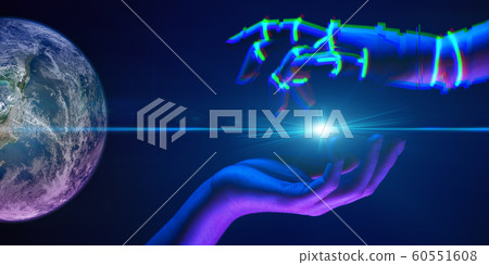 Woman and robot hands as symbol of partnership between people and technology. Elements of this image furnished by NASA. Woman and robot hands as symbol of partnership between people and technology. Elements of this image furnished by NASA. 60551608