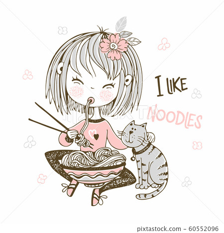 Cute little girl eating chopsticks noodles. Vector Cute little girl eating chopsticks noodles. Vector 60552096