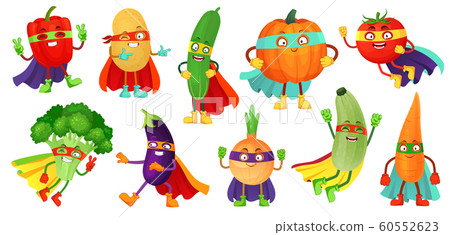 Superhero vegetables. Super cucumber, hero mask on pumpkin and vegetable food with superheroes cloak cartoon vector illustration set 60552623