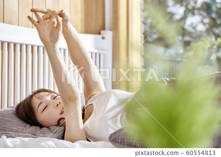 Young woman, morning, sleep, stretching, laser, weather, bed, bedroom, room, house, housing 60554813