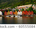 Outdoor view of historical buildings in Bryggen- Hanseatic wharf in Bergen, Norway. UNESCO World Heritage Site 60555084