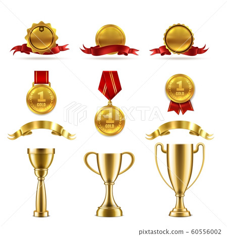 Sport or game trophy set. Gold reward badges and award cups for achievement of best success winner vector image 60556002