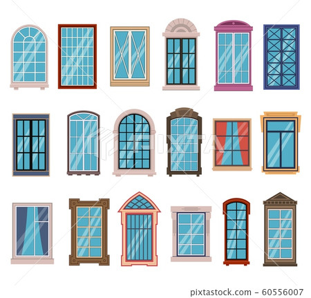 Flat windows frames. Colorful various wooden and plastic window frames with window sills, exterior architectural house wall vector elements Flat windows frames. Colorful various wooden and plastic window frames with window sills, exterior architectural house wall vector elements 60556007