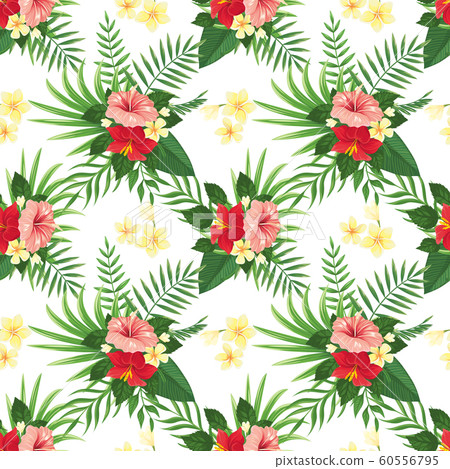 Tropical flowers seamless pattern. Summer tropic flower, wild\
plants leaves and tropics floral party vector background