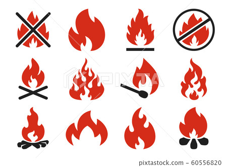 Burn fire icon. Burning flame fireball silhouette or danger bonfire. Flaming explosion flat illustration set 60556820