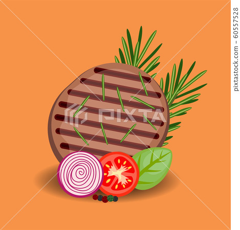 steak with rosemary onion tomato and peppercorns 60557528