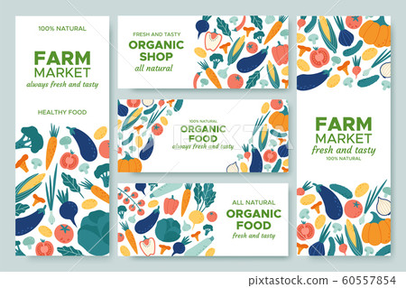 Banner vegetables. Fresh vegetable menu, organic food and natural products banners vector illustration set Banner vegetables. Fresh vegetable menu, organic food and natural products banners vector illustration set 60557854