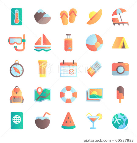 Flat summer icons. Vacation tour, beach umbrella in sand. Sea ship, sunrise and hot sun icon vector illustration set Flat summer icons. Vacation tour, beach umbrella in sand. Sea ship, sunrise and hot sun icon vector illustration set 60557982