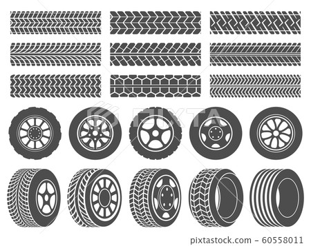 Wheel tires. Car tire tread tracks, motorcycle racing wheels icons and dirty tires track vector illustration set 60558011
