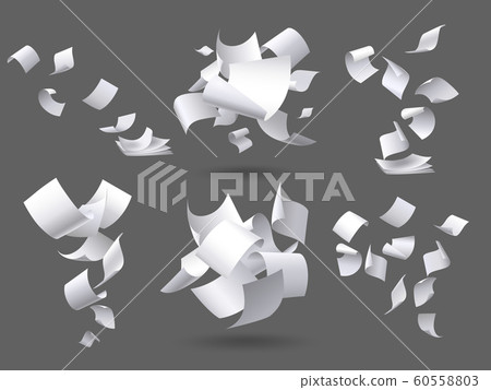 Falling paper sheets. Flying papers pages, white sheet documents and blank document page on wind isolated vector illustration set 60558803
