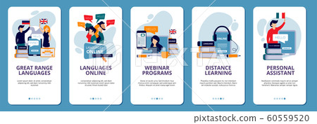 Onboarding screens. Language learning school online distance education web tutorials mobile app design vector layout template Onboarding screens. Language learning school online distance education web tutorials mobile app design vector layout template 60559520