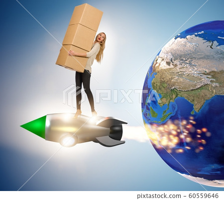 Woman flying jetpack and delivering boxes globally Woman flying jetpack and delivering boxes globally 60559646