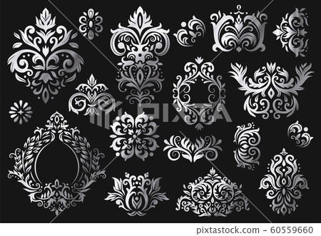 Vintage baroque ornament. Ornate floral sprigs pattern, luxury damask ornaments and victorian twill damasks patterns vector set 60559660