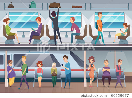 Subway. People waiting train in urban metro underground platform vector background 60559677