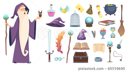 Magician tools. Wizard magic mystery broom potion witch hat and spell book vector cartoon pictures 60559690