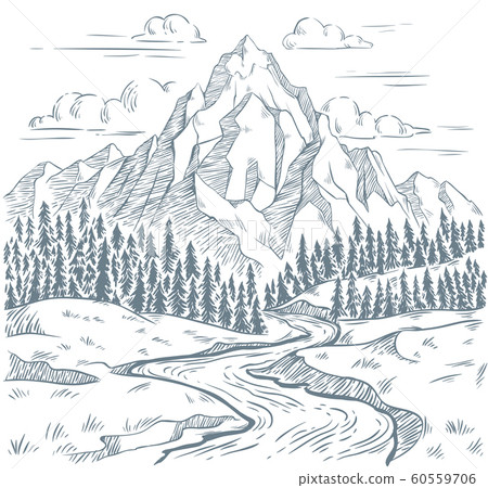 Mountains river engraving. Outdoors travel, mountain adventures and snake rivers vintage hand drawn landscape vector illustration 60559706