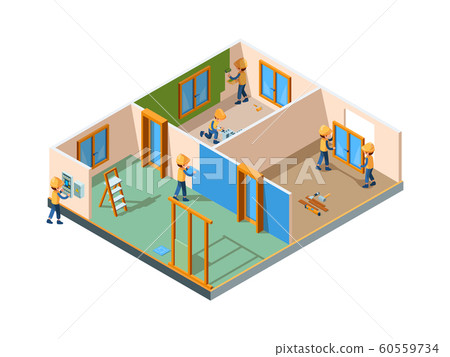 Home renovation. Stages rooms interior renovation paint wall flooring new construction builders working equipment vector isometric 60559734