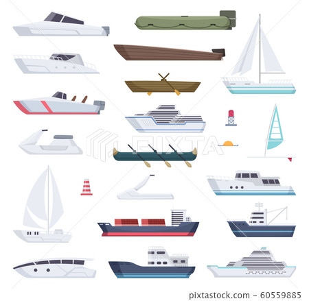 Boats. Water sea or ocean vessel small and big ships and sailor boats vector cartoon transport 60559885
