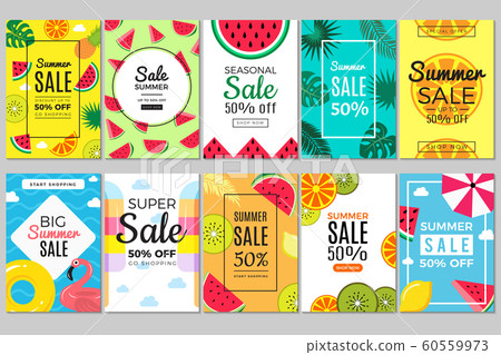 Summer banners. Tropical colored vacation pictures flyer cards with watermelon and flamingos, swimming circle and parasol for summer promotion sales vector templates Summer banners. Tropical colored vacation pictures flyer cards with watermelon and flamingos, swimming circle and parasol for summer promotion sales vector templates 60559973