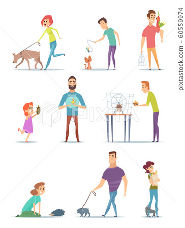 Animal owners. Happy domestic pets with young male and female holders animals cats dogs walking vector cartoons Animal owners. Happy domestic pets with young male and female holders animals cats dogs walking vector cartoons 60559974