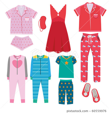 Pajamas. Textile night clothes for kids and parents sleepwear bedtime pajamas vector colored pictures 60559976