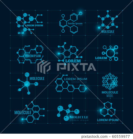 Molecular logo with shine effect. Chemistry dna molecule scientific structure atom icons vector set 60559977
