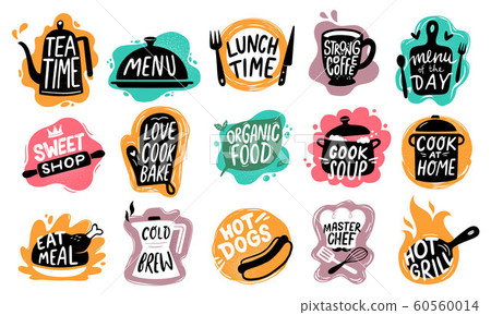 Food lettering. Bakery kitchen sweets, hot dogs badge and organic food logo vector set 60560014