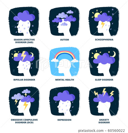 Mental states. Mentality disorders, psychology depression and ocd or bipolar disorder weather metaphors vector illustration set Mental states. Mentality disorders, psychology depression and ocd or bipolar disorder weather metaphors vector illustration set 60560022