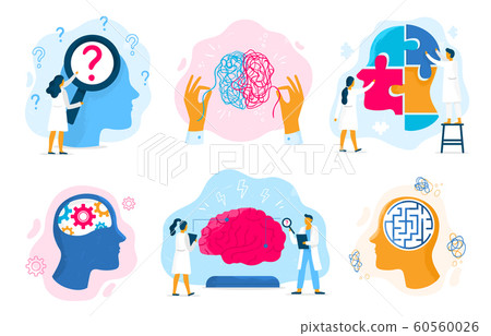 Mental health therapy. Emotional state, mentality healthcare and medical therapies prevention mental problem vector illustration set 60560026